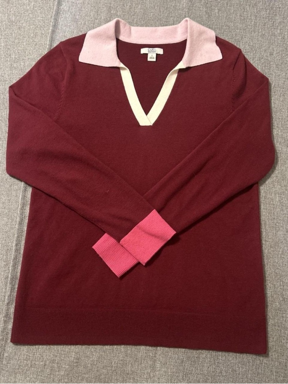 Burgundy V-Neck Polo Sweater with Pink Trim